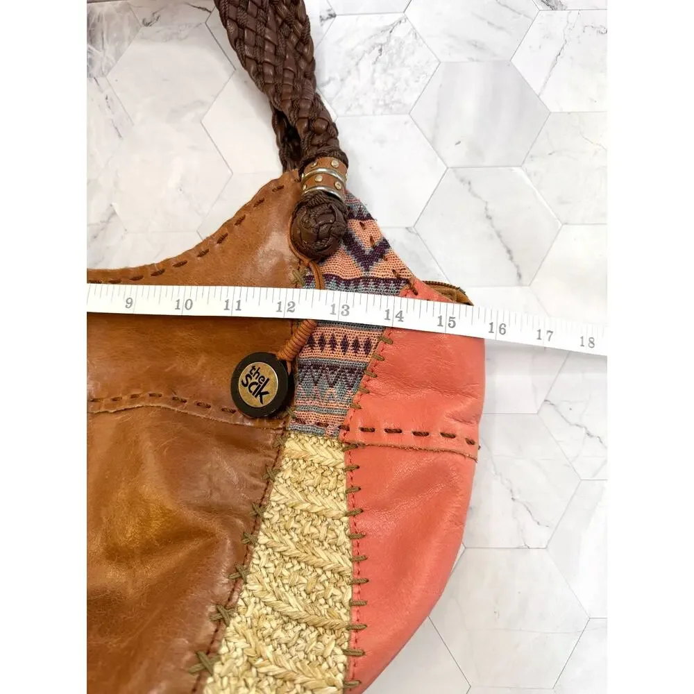 The Sak Indio Leather Boho Hobo Shoulder Bag Patchwork Satchel Woven Peach EUC